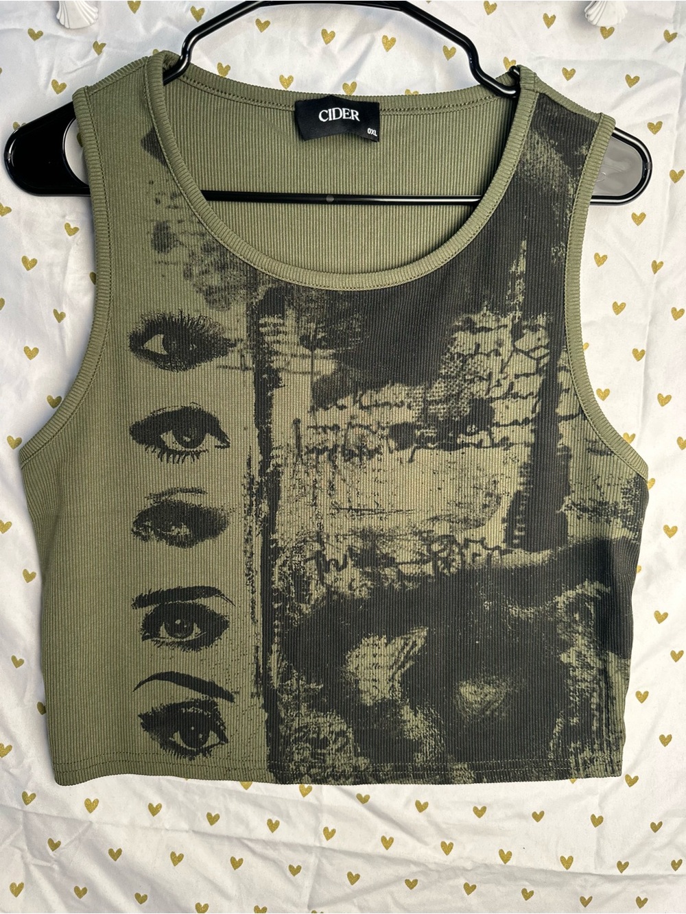 Cider Olive Green Ribbed Graphic Crop Tank